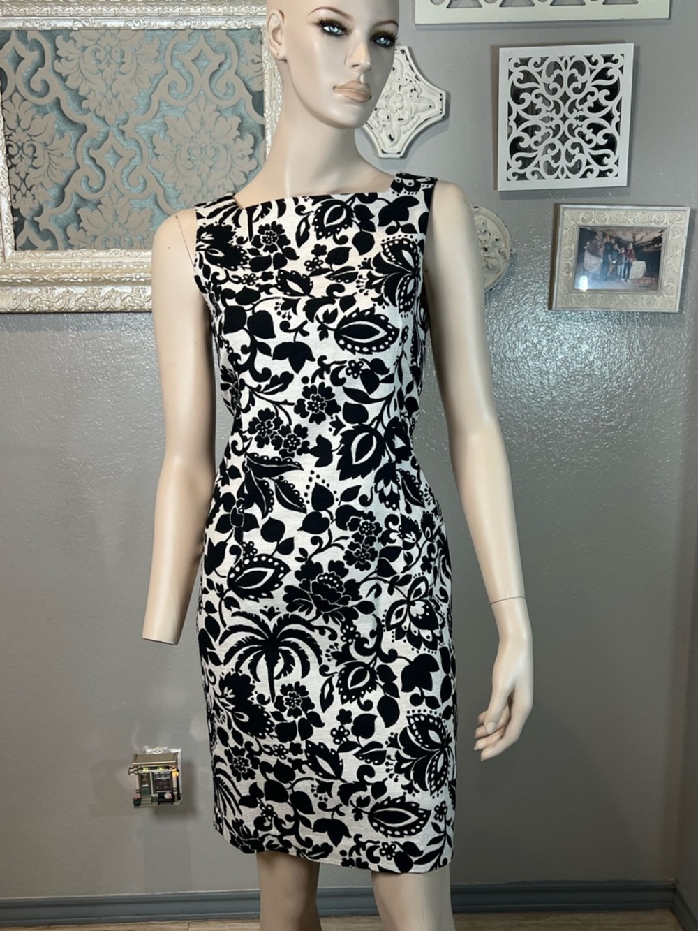 Ann Taylor Black and Off White Floral Midi Sheath Dress
